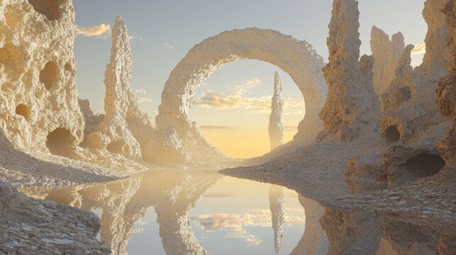 Infinite Horizons: Hyperrealistic 3D Rendering of Alien Civilization's Spectacular Landscape with Shimmering Lake at Sunset