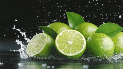 Fresh Limes with Water Splash and Green Leaves   Citrus Fruit Photography