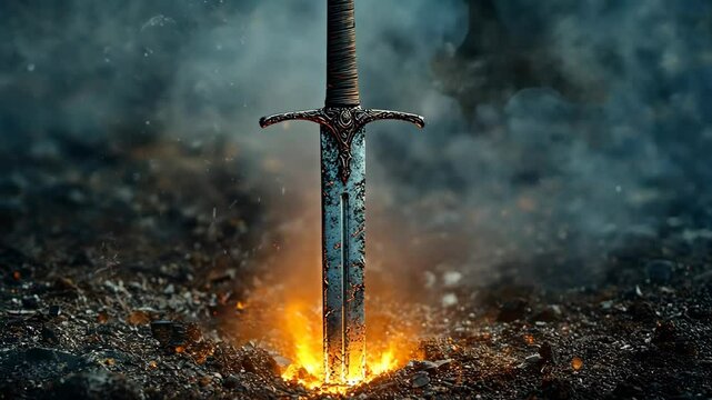 A sword is planted in the ground with flames erupting around it