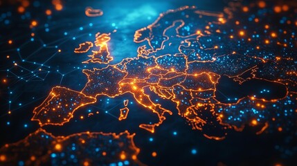 Digital Map of Europe with Glowing Data Points Generative AI