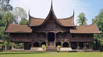 Naklejka premium Traditional wooden house with curved roof, ornate details, and a stone porch.