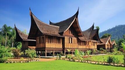 Traditional wooden house with curved roofs in a lush green landscape.