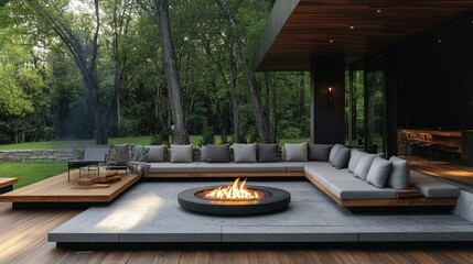 Modern patio with fire pit, gray sectional sofa and wooden deck.