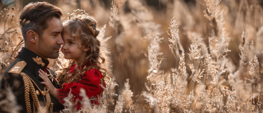 A soldier in uniform shares a tender moment with a young girl in a field during golden hour light