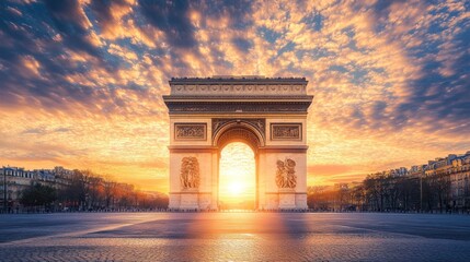 The Arc de Triomphe in Paris at sunset, with a beautiful sky of clouds.