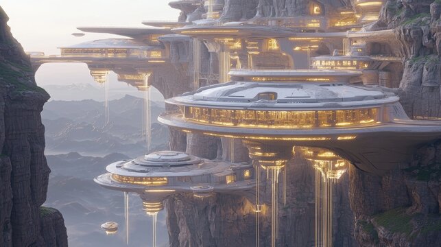 Futuristic Alien Metropolis Perched on Cliffs - Hyperrealistic 3D Render of an Advanced Extraterrestrial Civilization Amid Epic Landscapes