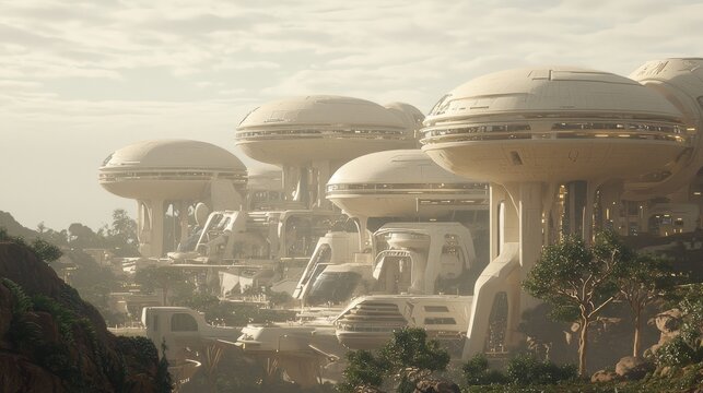 Futuristic Alien Metropolis: Hyperrealistic 3D Rendering of Advanced Civilization Amidst Epic Landscapes