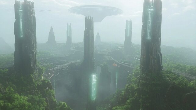Futuristic Alien Metropolis: Hyperrealistic 3D Rendering of an Advanced Civilization Blending Technology and Nature in Epic Landscapes