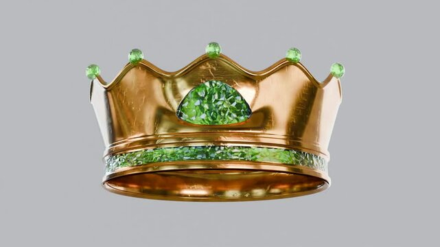 golden crown with green jewels falling, grey background
