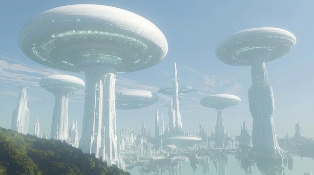 Futuristic Alien Metropolis: Hyperrealistic 3D Rendering of a Thriving Advanced Civilization Blending Technology with Nature