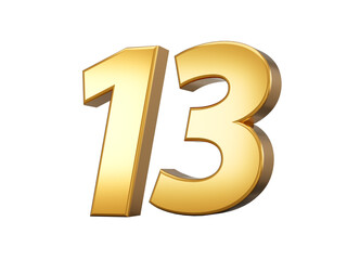 Golden metallic Number 13 Thirteen, White background 3d illustration
