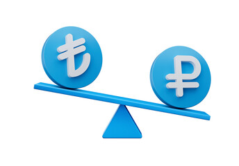 3d White Lira And Ruble Symbol On Rounded Blue Icons With 3d Balance Weight Seesaw, 3d illustration
