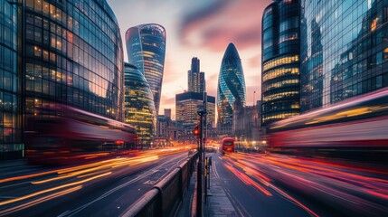 Cityscape of London with blurred motion of red buses.