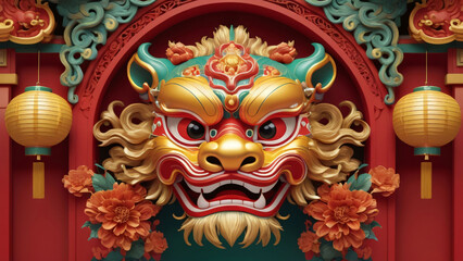 Obraz premium Chinese traditional lion dance mask on red background with golden ornaments. Celebrating Chinese New Year with Dancing Lion Mask made of gold