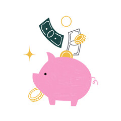 Piggy bank with money and coins