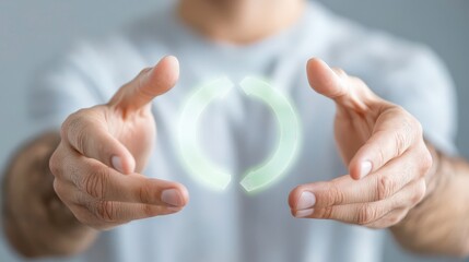Obraz premium A man is holding his hands up to show a green circle