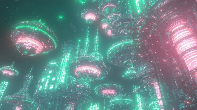 Futuristic Alien Metropolis - Hyperrealistic 3D Rendering of Advanced Extraterrestrial Civilization with Gravity-Defying Architecture and Neon Lights
