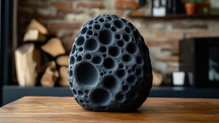 A black ceramic egg with a cratered texture sits on a wooden table with a brick wall and a wood pile in the background.