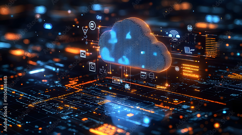 Poster futuristic digital cloud computing concept with glowing circuitry, icons, and data streams, represen