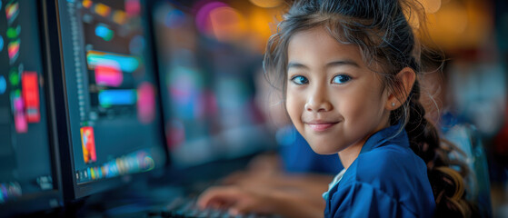 Young girl engaging with computers in a vibrant learning environment filled with technology-focused activities