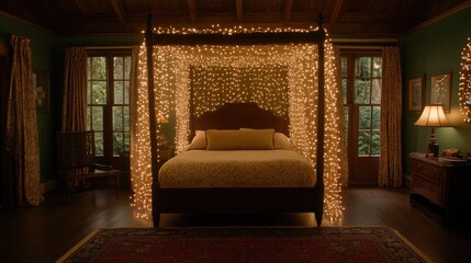 Cozy bedroom with a canopy bed, soft bohemian decor, and warm fairy lights casting a romantic glow. Perfect for a serene evening retreat.