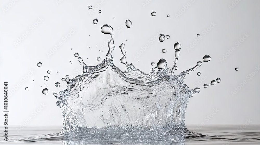 Poster crystal-clear water drop in a futuristic splash, captured with dynamic reflections and abstract surf