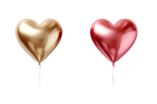 red and golden of heart foil balloons 3D on transparent background.