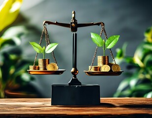 A minimalist design of a balance scale with money