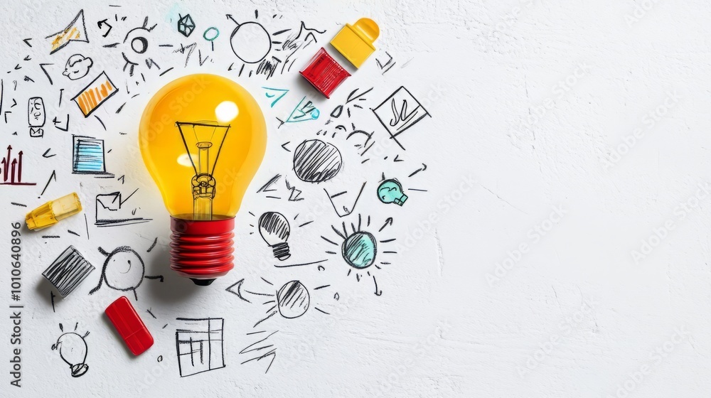 Poster lightbulb and doodle symbols on whiteboard signifying creative ideation and problem-solving process