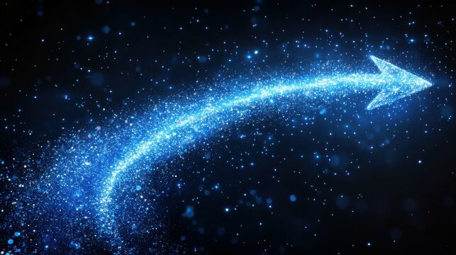 A blue arrow is shooting through a cloud of glitter. The glitter is scattered all over the image, creating a sense of movement and energy. The arrow represents a sense of direction and purpose