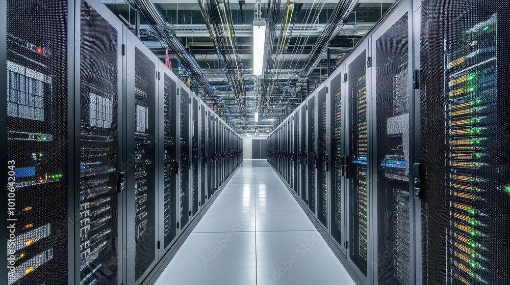 Aufkleber vast and illuminated data center aisle with numerous server racks