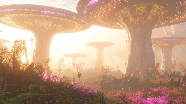 Extraterrestrial Wonders: Hyperrealistic 3D Rendering of an Advanced Alien Civilization's Epic Vibrant Savannah Landscape