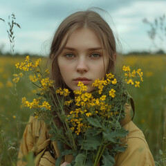 Russian young woman. Russian retrofuturism. collects celandine plant in the field.