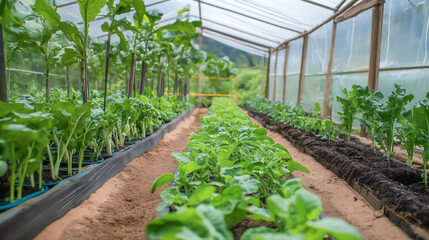 Greenhouse with a thriving organic vegetable garden, featuring lush green plants and eco-friendly sustainable practices, environmental care, organic farming, and eco-conscious living.
