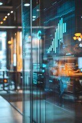 Big data analytics visualizations overlay a blurred contemporary office setting.