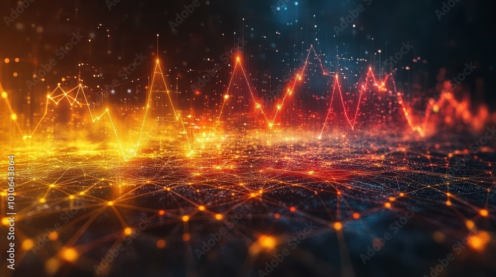 Poster a colorful, abstract image of a cityscape with orange and red lines and dots. the image has a futuri