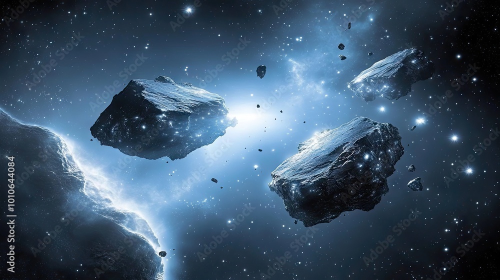 Poster futuristic spacecraft exploring deep space, surrounded by distant stars and celestial objects in a s