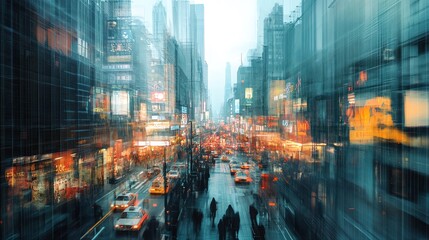 A cityscape seen through a digital lens, with synthetic data layers masking personal details, evoking privacy protection in a high-tech urban environment