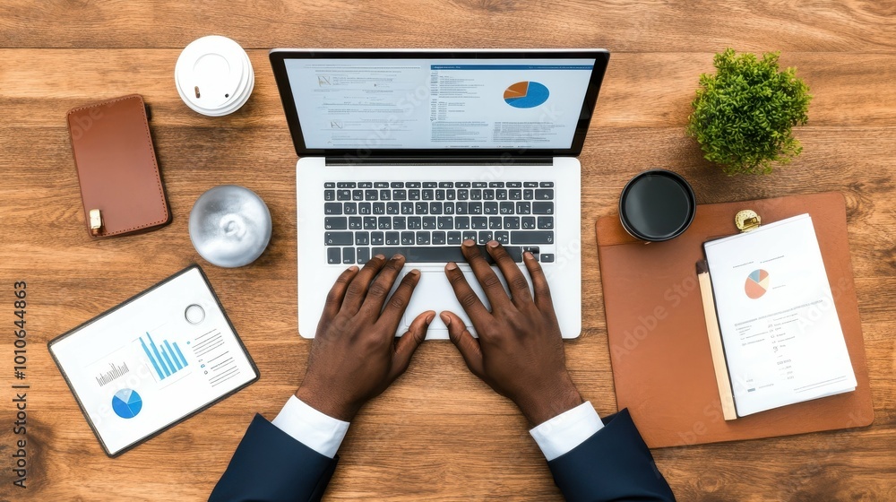 Poster a man is typing on a laptop in front of a table with a cup, a plant, and a folder. concept of produc