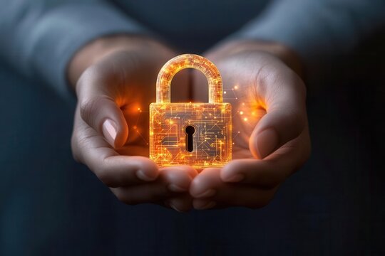 Glowing lock cradled in futuristic hands, surrounded by abstract tech elements, photorealistic, no face visible, patent security concept