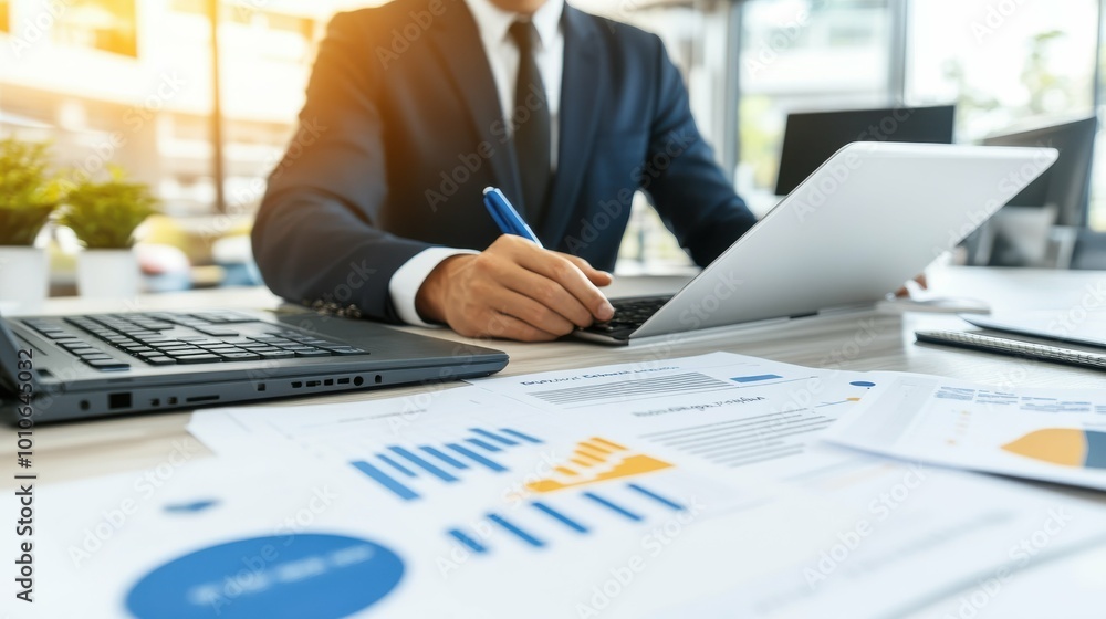 Poster a man in a suit is writing on a laptop in front of a table with several papers. the scene suggests a