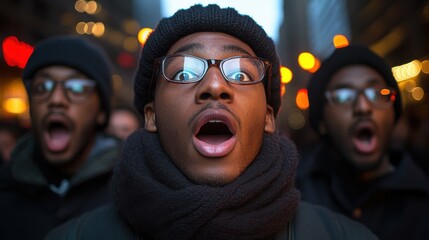 A man with a scarf around his neck and glasses is looking up at the sky. He is surrounded by other people who are also looking up. The scene has a sense of unity and togetherness