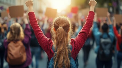 Fototapeta premium A young woman is holding a sign and raising her fist in the air. She is surrounded by a crowd of people, all of whom are also holding signs and raising their fists