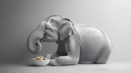 A playful elephant resting beside a bowl of food.
