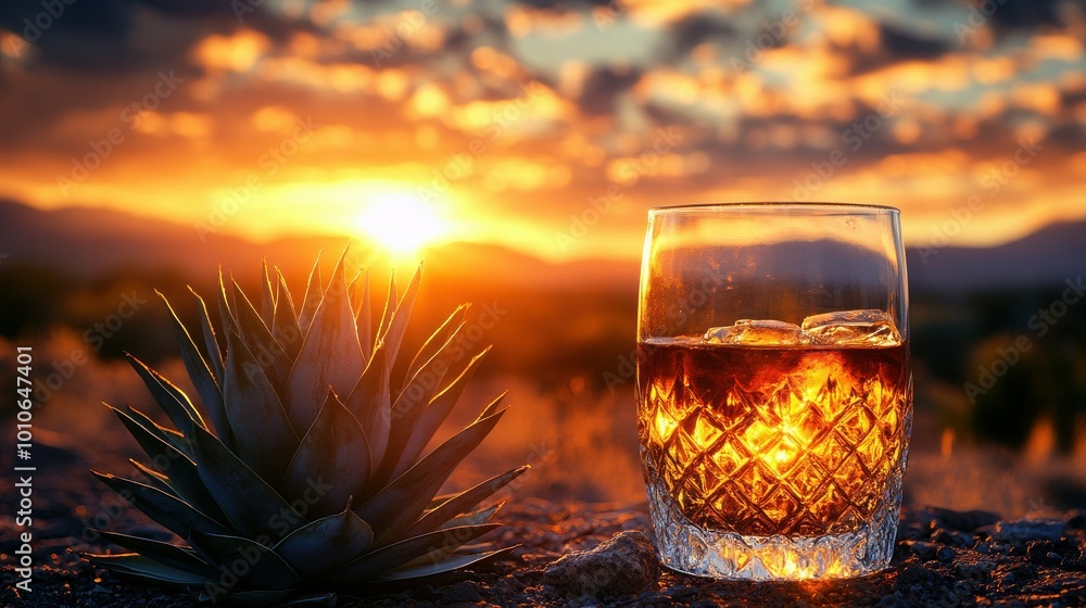 Poster a glass of liquor is on a table next to a cactus. the sun is setting in the background, creating a w