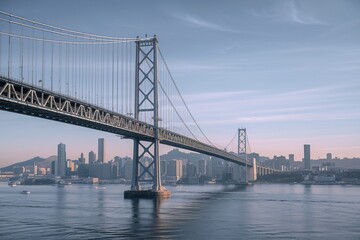 Naklejka premium A large suspension bridge spanning a body of water, with a city skyline visible in the background