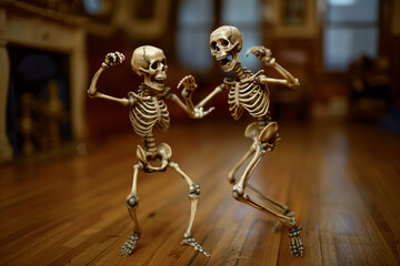 tiny skeletons dancing in a kitchen
