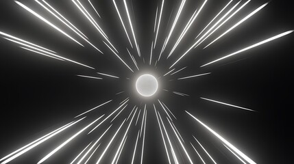Abstract background with white glowing lines converging on a white circle in the center against a black background.