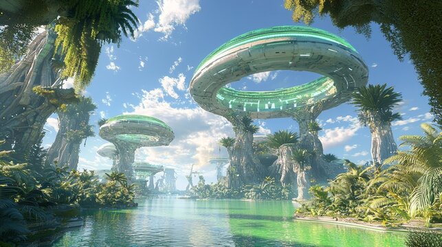 Extraterrestrial Paradise: Hyperrealistic 3D Render of Advanced Alien Civilization in Serene Landscape with Tranquil Lagoon and Exotic Flora and Fauna