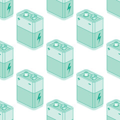 Seamless pattern with isometric 9V battery isolated on white background. Nine volt battery. Outline style.